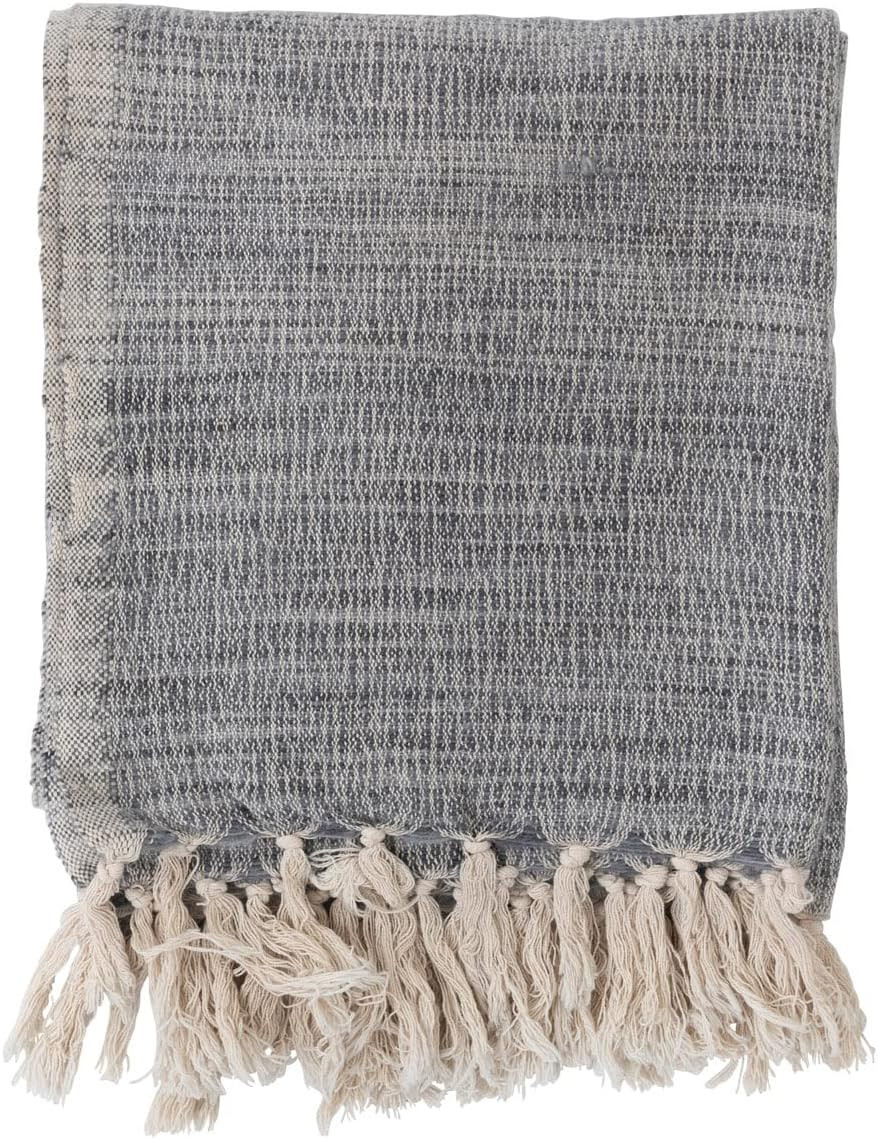 Creative Co-Op Woven Wool Blend Fringe Blanket Throw, Single, Blue Twin | Amazon (US)
