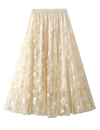 Floral Tulle Skirts for Women High Waisted A Line Fairy Mesh Layered Cute Ruffle Pleated Midi Skirt(Apricot04, One Size) | Amazon (US)