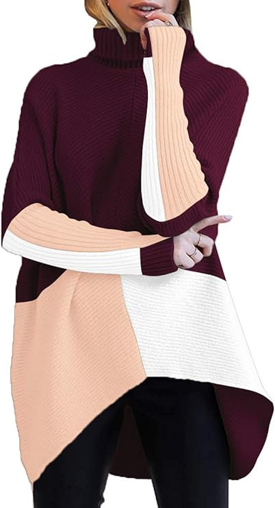 ANRABESS Womens Turtleneck Long Batwing Sleeve Asymmetric Hem Casual Pullover Sweater Knit Tops | Amazon (US)