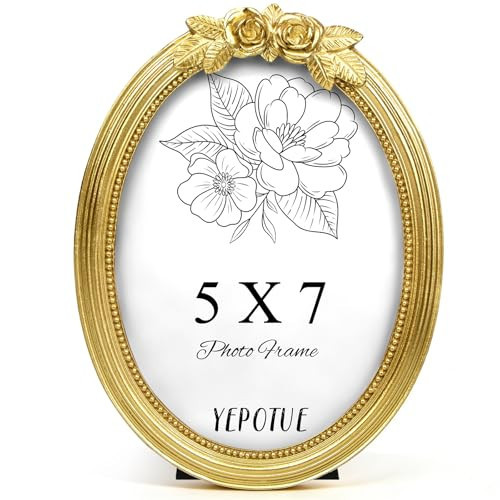 YEPOTUE 5x7 Vintage Gold Oval Picture Frame, Ornate Photo Frame with Rose Floral Top, Elegant Picture Frame for for Wall or Tabletop Display, Gift ldeas for Home Decor | Amazon (US)