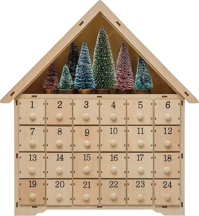 Creative Co-Op 15-1/4"L x 16-1/2"H Wood House Advent Calendar w/ 24 Boxes & 7 Bottle Brush Trees,... | Amazon (US)