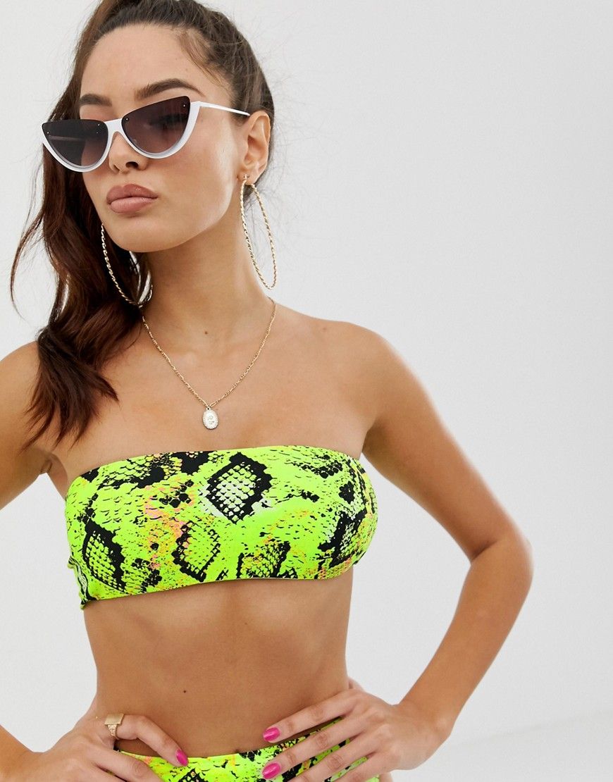 ASOS DESIGN mix and match clean bandeau bikini top in neon snake print - Green | ASOS US