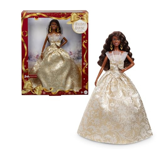 Barbie Signature 2025 Holiday Black Hair Fashion Doll Wearing Silver & Gold Gown, Seasonal Collector in Displayable Packaging & Stand | Amazon (US)