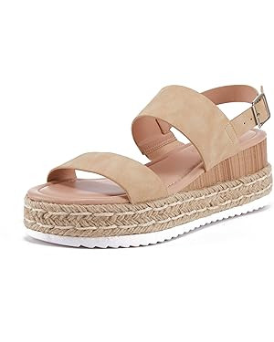 LAICIGO Women’s Open Toe Wedge Platform Espadrilles Ankle Strap Buckle Faux Leather Cork Rubber... | Amazon (US)
