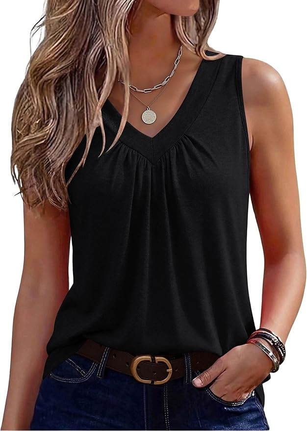 Zeagoo Womens Tank Tops Summer Sleeveless Loose Fit Tops V Neck Pleated Shirts Basic Tees Dressy ... | Amazon (US)