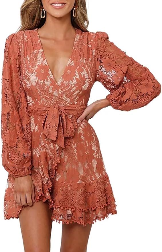 FARYSAYS Womens Lace Wrap Mini Dresses Floral V Neck Ruffle Short Dress with Belt | Amazon (US)