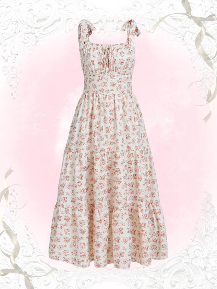 ROMWE Kawaii Ditsy Floral Print Tie Shoulder Ruffle Hem Cami Dress Cottagecore Dress | SHEIN