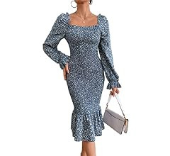 PRETTYGARDEN Women's Long Puff Sleeve Floral Midi Bodycon Dresses Square Neck Ruffle Mermaid Smocked | Amazon (US)