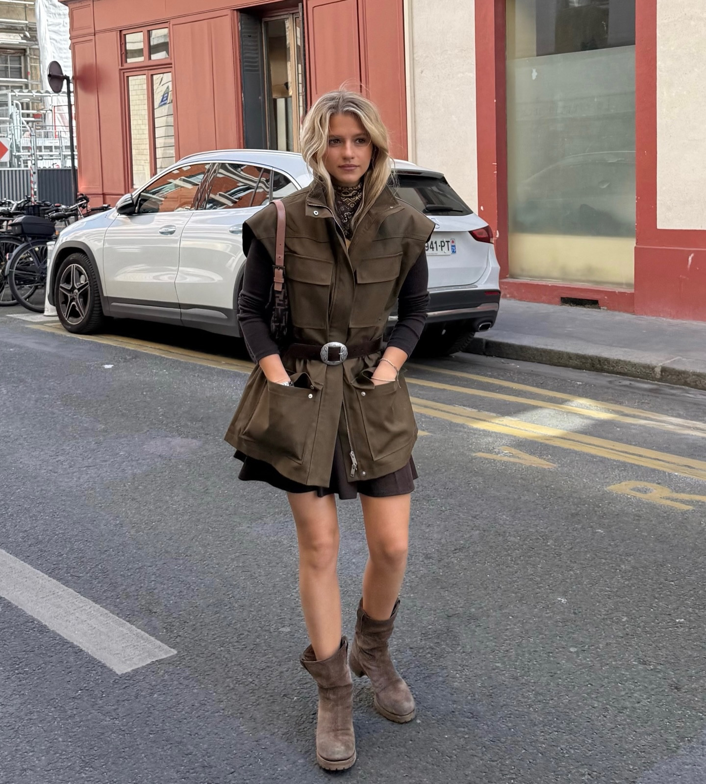 Vest: Mango size XS-S
Tee: Le Set size XS
Belt: Linea Pelle
Bandana: Zara (exact one sold out) 
Skirt: old H&M
Bag: Fendi
Boots: Prada 

#LTKootd