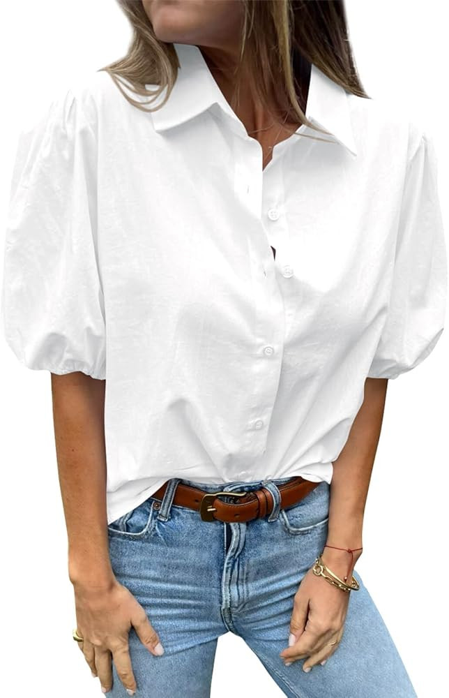 Tankaneo Women's Button Down Shirts Short Puff Sleeve Collared Dressy Casual Blouse Tops | Amazon (US)