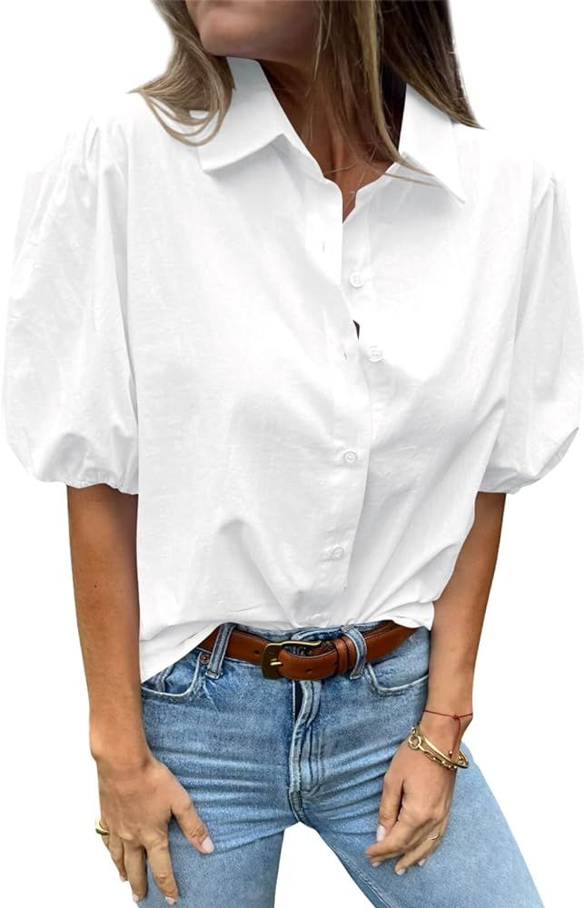 Tankaneo Women's Button Down Shirts Short Puff Sleeve Collared Dressy Casual Blouse Tops | Amazon (US)
