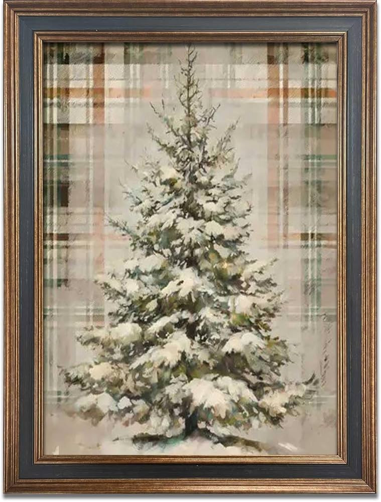 Retro European Christmas Tree Gold Framed Wall Art Vintage Plaid Aesthetic Poster Rustic Holiday ... | Amazon (US)