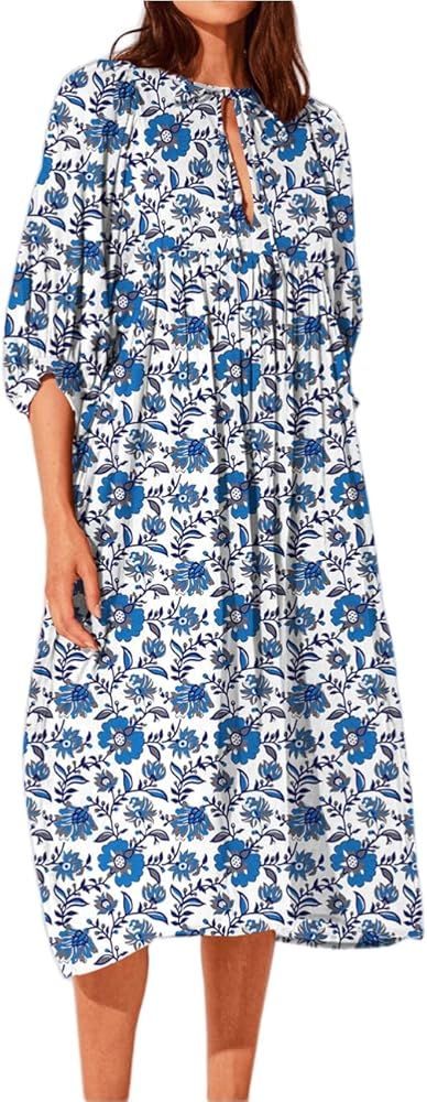 BZSFW Women's Summer Casual Maxi Dress Bohemian Floral 3/4 Puff Short Sleeve Beach Shift Sundress... | Amazon (US)