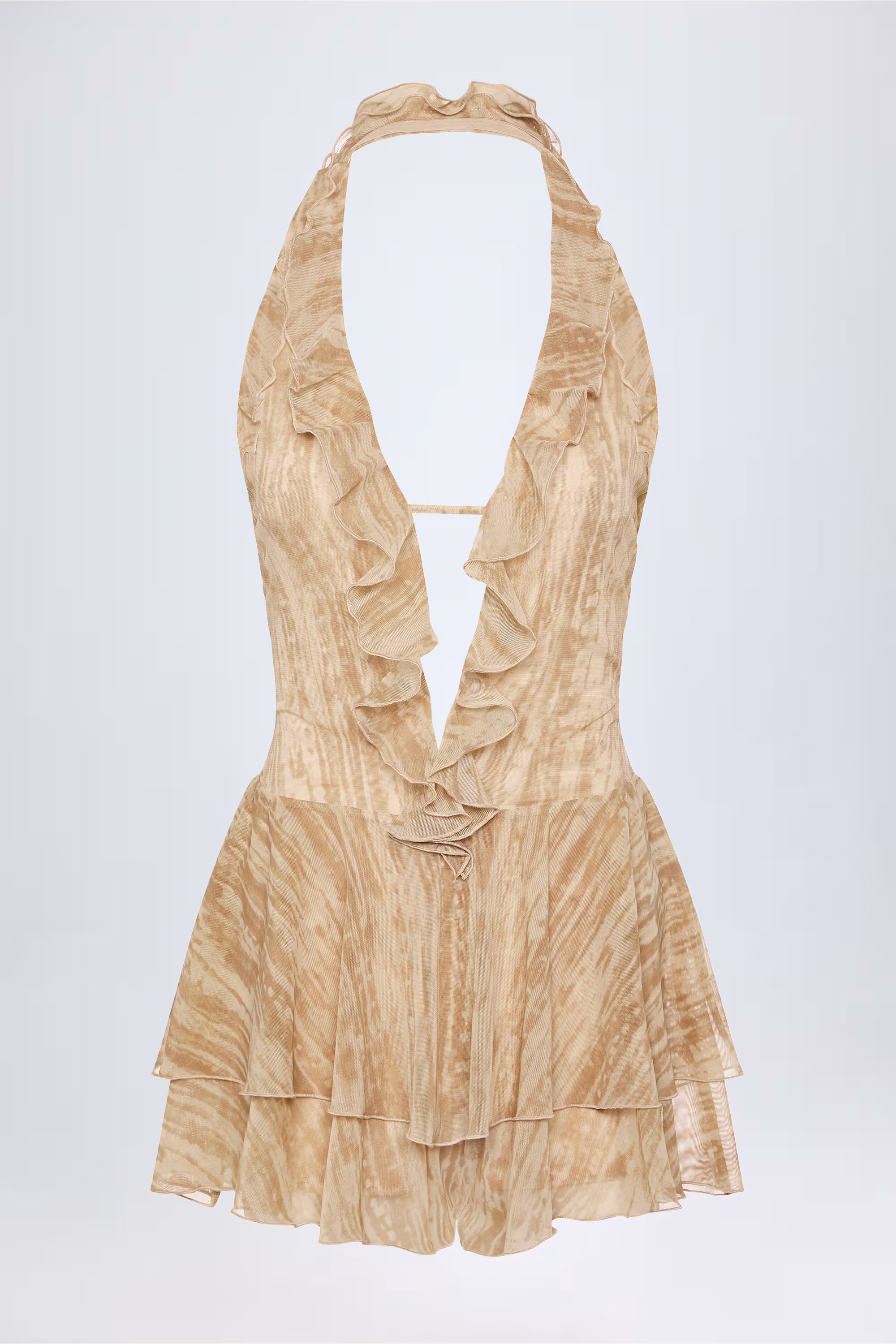 Ruffled Plunge Halterneck Playsuit in Tan Print | Oh Polly