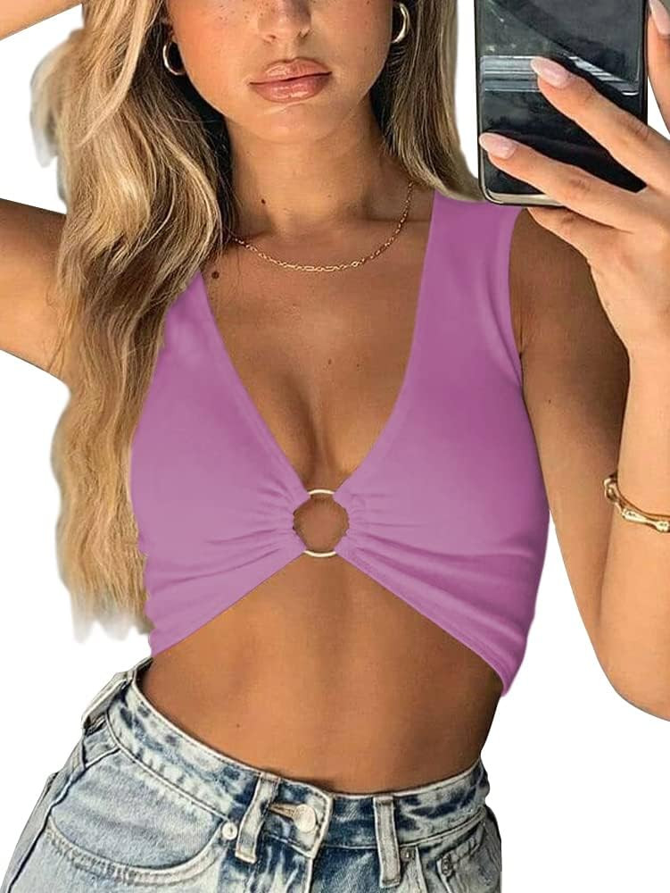 AEVZIV Sexy Crop Tops for Women Sleeveless Deep V Neck Workout Tops Plunge Ring Cleavage Cropped Tan | Amazon (US)