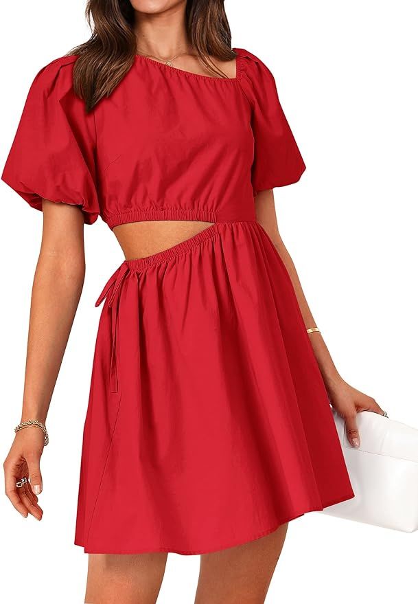 KIRUNDO 2023 Women's Summer Short Puff Sleeve Cut Out Dress Casual Solid Asymmetrical Neck A Line... | Amazon (US)