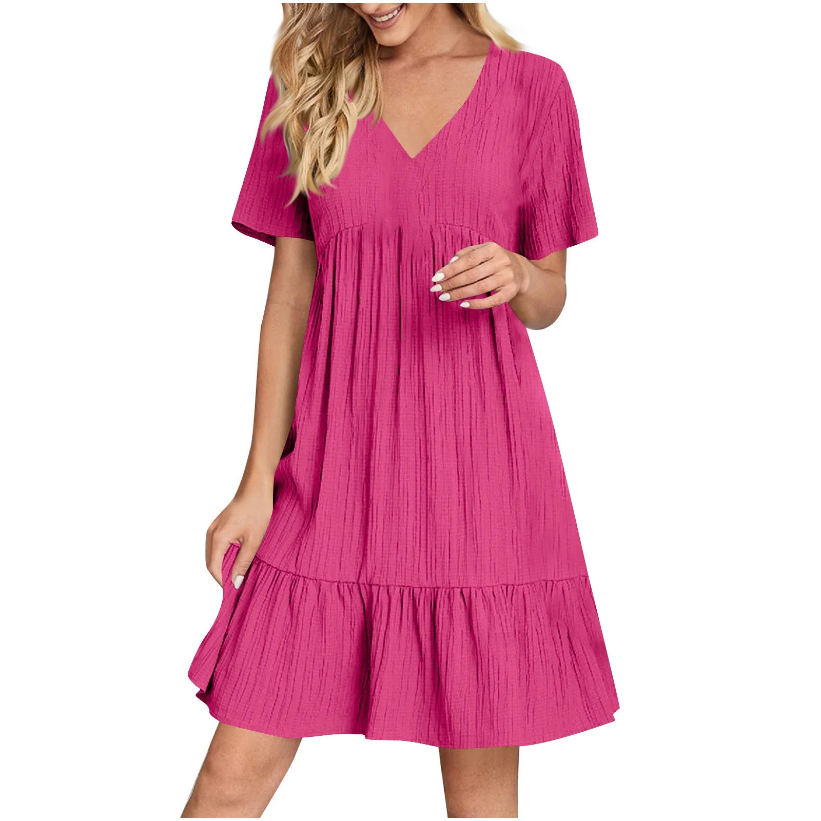 Busydd Plus Size Womens Dresses S-5XL Solid Color V Neck Sundresses for Women Trendy Flowy Short ... | Walmart (US)