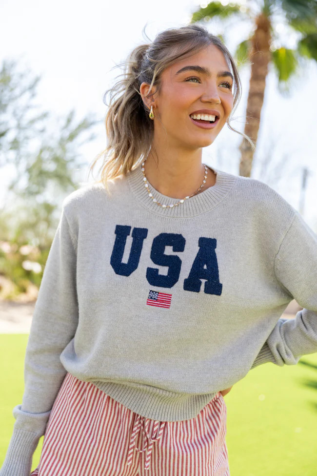 Miss Liberty Heather Grey USA Crew Neck Sweater | Pink Lily