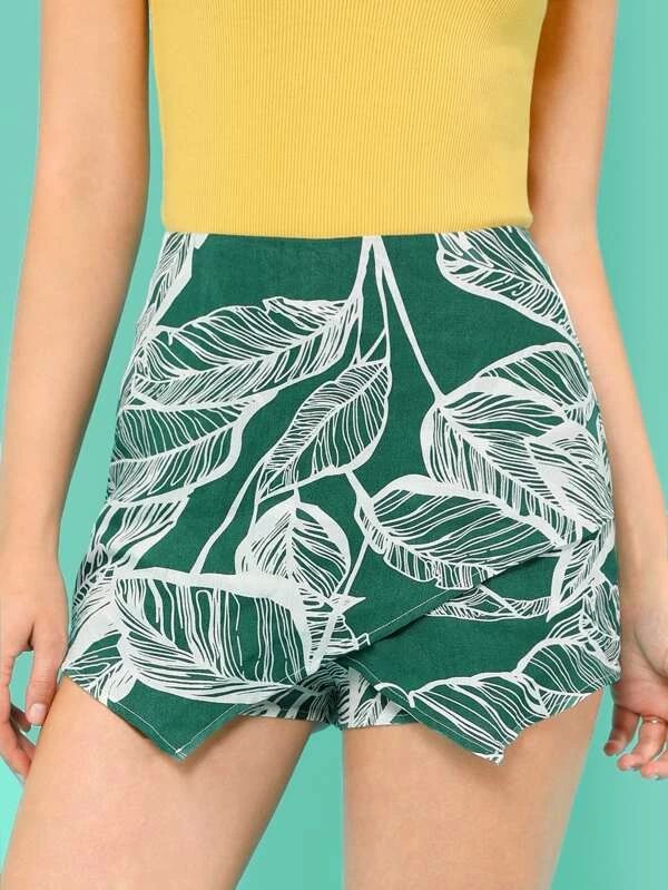 Leaves Print Overlap Front Skirt Shorts | SHEIN
