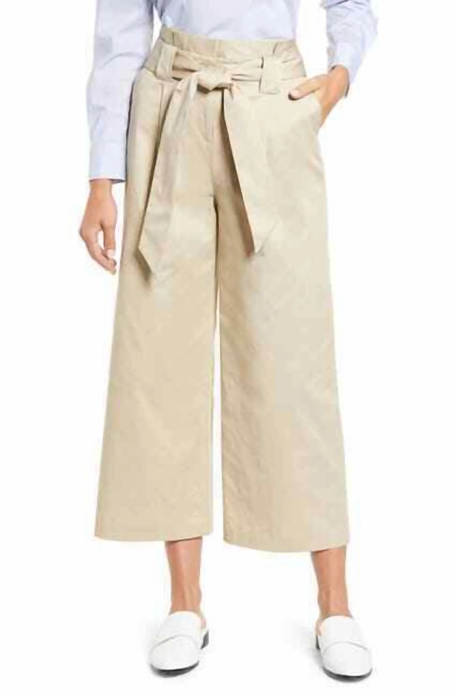 Oxford Paperbag Belted Wide Leg Cropped Pants In Tan | Shop Simon