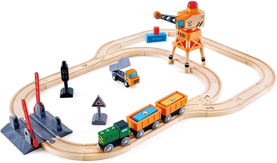 Hape Crossing & Crane Set | 32-Piece Wooden Railway Cargo Playset for Kids | Amazon (US)