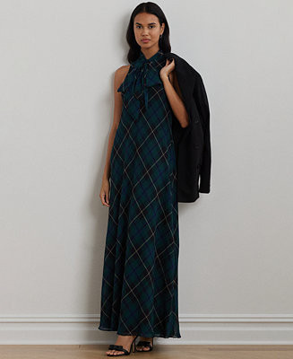 Lauren Ralph Lauren Women's Plaid Crinkle Georgette Tie-Neck Gown - Macy's | Macy's