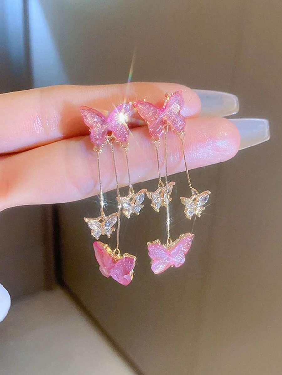 1pair Super Graceful Pink Butterfly Design Long Tassel Earrings, Versatile For Daily Wear | SHEIN