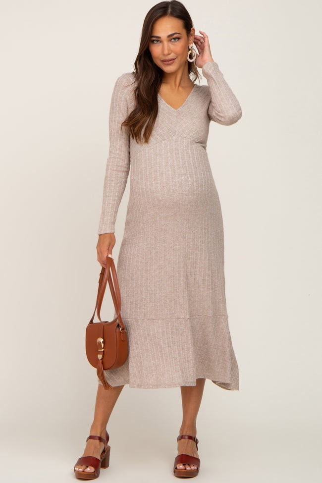 Beige Knit Long Sleeve Ruffle Hem Maternity Midi Dress | PinkBlush Maternity