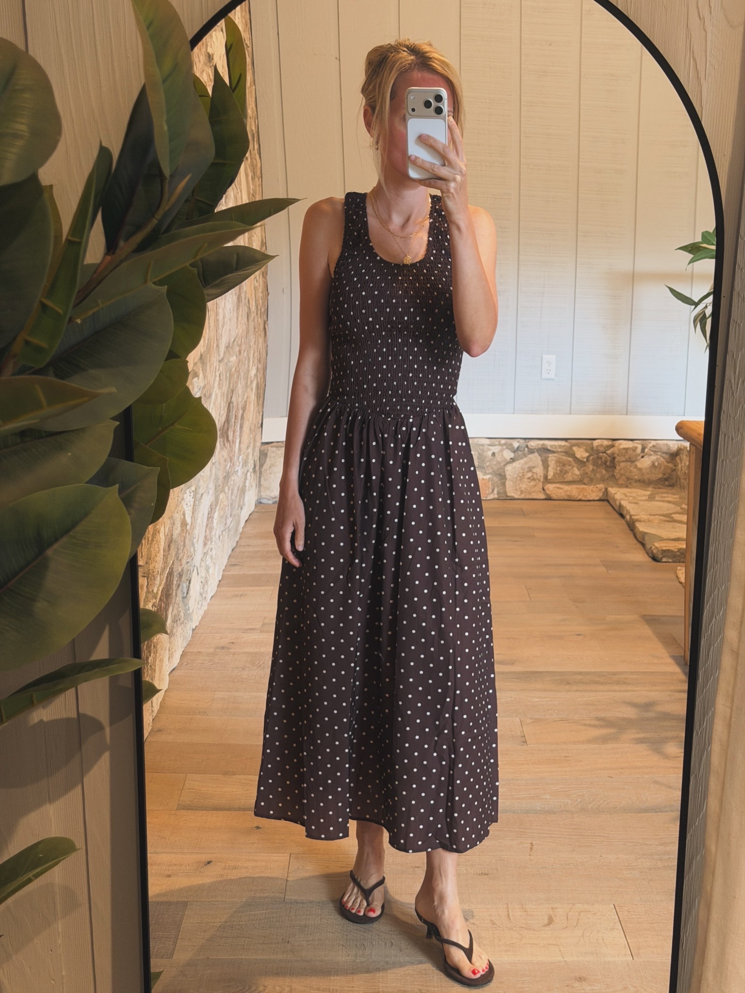 Normally I would not pay for shipping on Amazon, but I’m a sucker for polka dots. 

Luckily for me, this one paid off because I’m in love this dress! I’m 5’4.5” (to be exact) & it’s the perfect length for a midi dress.. most hit me too long at the ankle or too short just below the knees. 

The top is super stretchy of the dress is stretchy, the fabric is comfortable & a bonus..I don’t have to wear a bra! 🤎