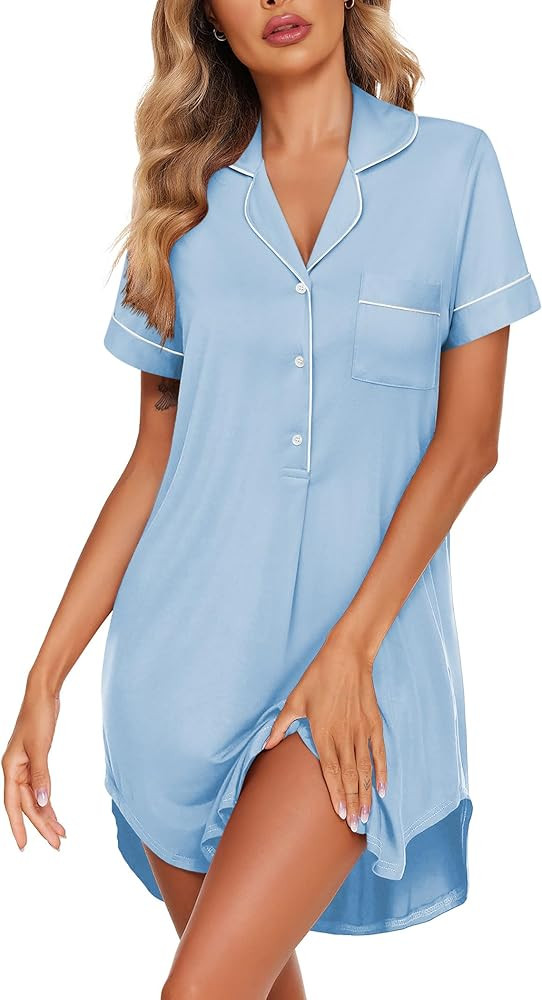 Ekouaer Women's Nightgown Button Down Nightshirt V Neck Sleepshirt Short Sleeve Sleepwear Soft Pa... | Amazon (US)