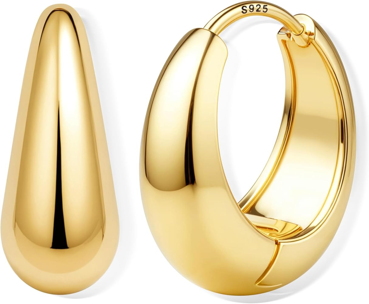 14K Gold Plated Small Chunky Hoop Earrings Sterling Silver Post - Hypoallergenic Trendy Thick Lig... | Amazon (US)