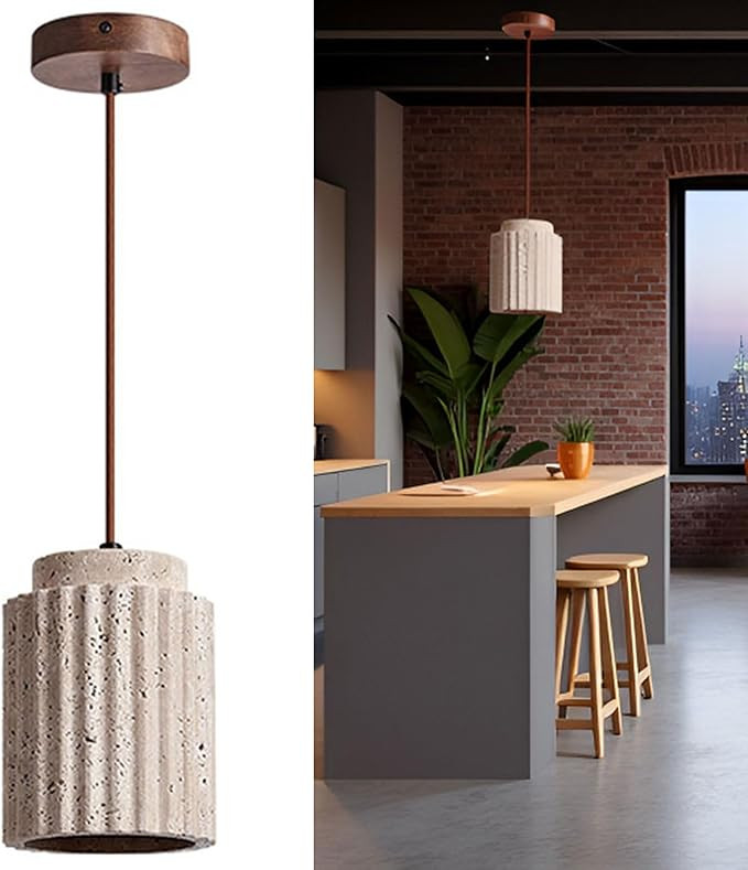 4.5 in Cylindrical Hand Polished 4 lb. Natural Stone Pendant Light, Solid Wood Ceiling Base, 70 i... | Amazon (US)