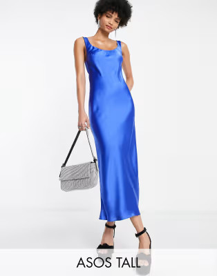 ASOS DESIGN Tall scoop neck midi satin slip dress in cobalt blue | ASOS | ASOS (Global)