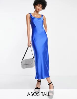 ASOS DESIGN Tall scoop neck midi satin slip dress in cobalt blue | ASOS (Global)