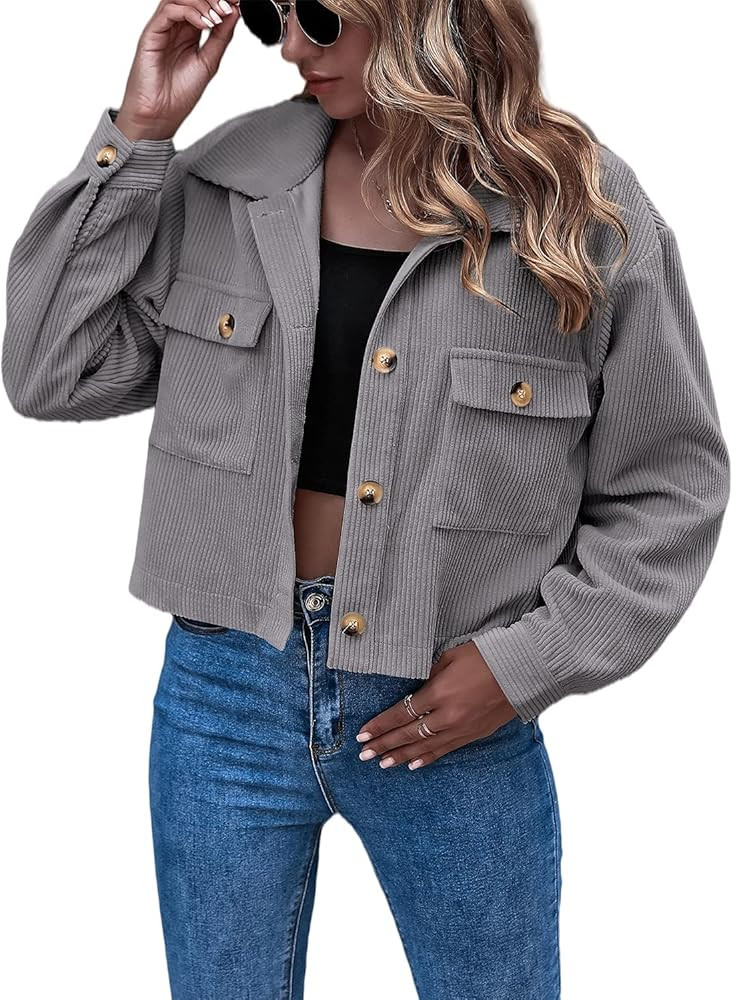 Eteviolet Women's Casual Cropped Corduroy Jackets Button Down Long Sleeve Shirts Jacket With Pockets | Amazon (US)