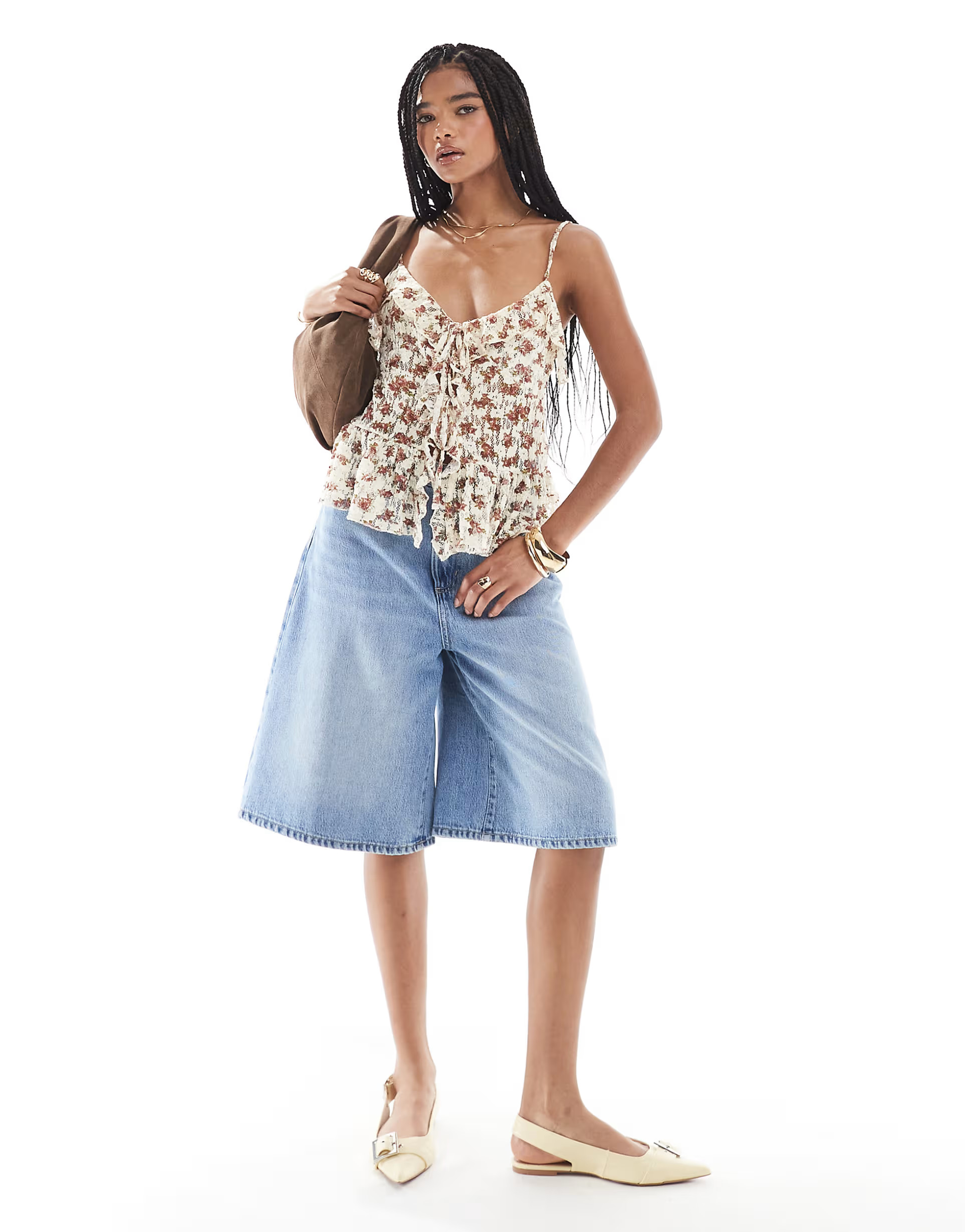 Pull&Bear frill detail floral cami top in ecru | ASOS | ASOS (Global)