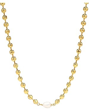 Gold Ball Chain Necklace for Women, 18K Gold Plated Dainty Gold Beaded Freshwater Pearl Pendant N... | Amazon (US)