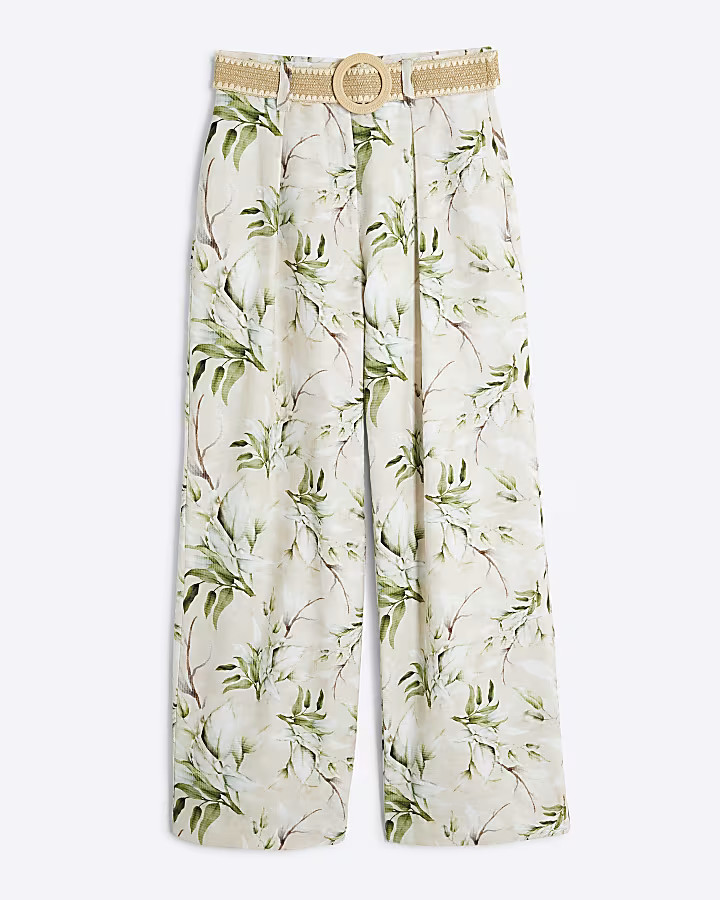 Cream Floral Belted Wide Leg Trousers | River Island UK & IE