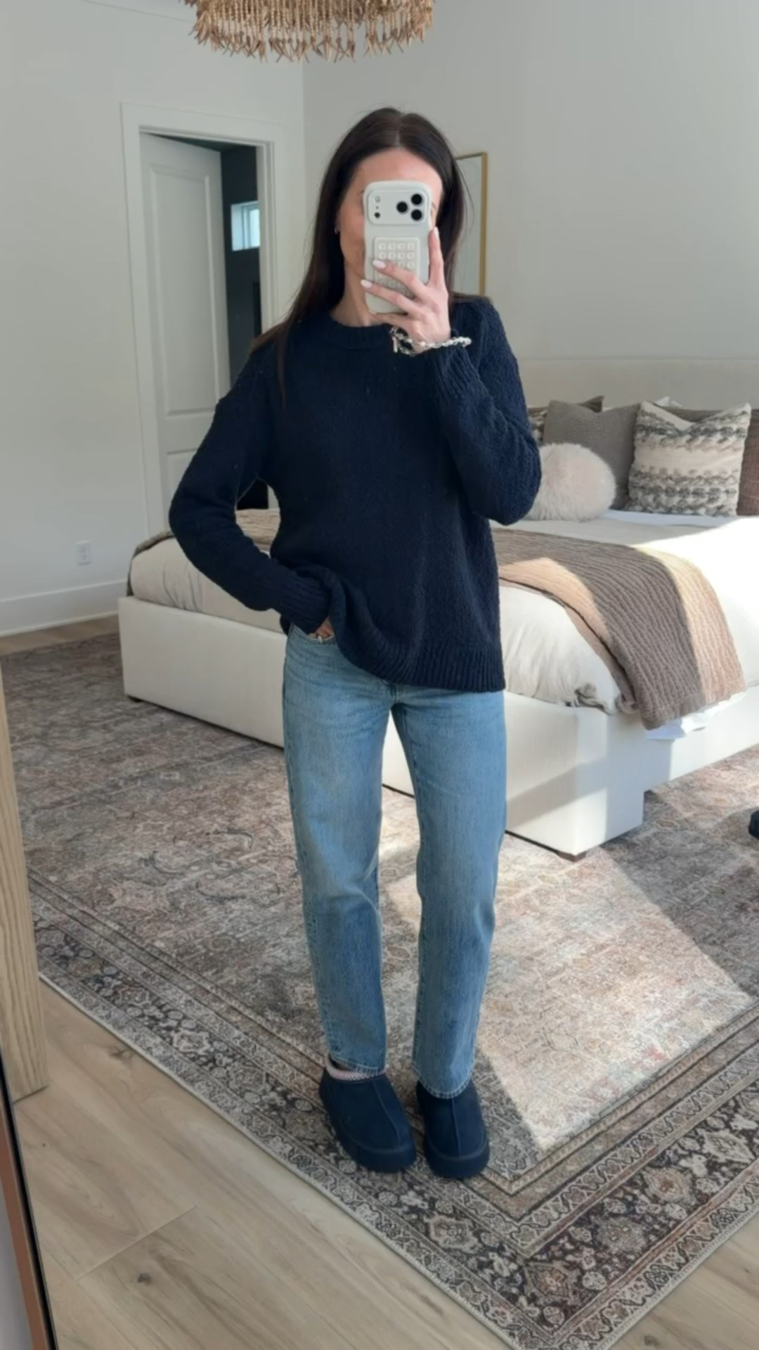 Winter cadual style, navy sweater, tunic sweater, navy ugg tazz slippers, annabrstyle.

#LTKFindsUnder100 #LTKOver40