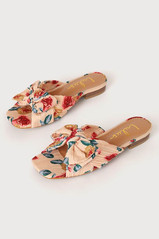 Lortho Pink Floral Pleated Bow Slide Sandals | Lulus (US)
