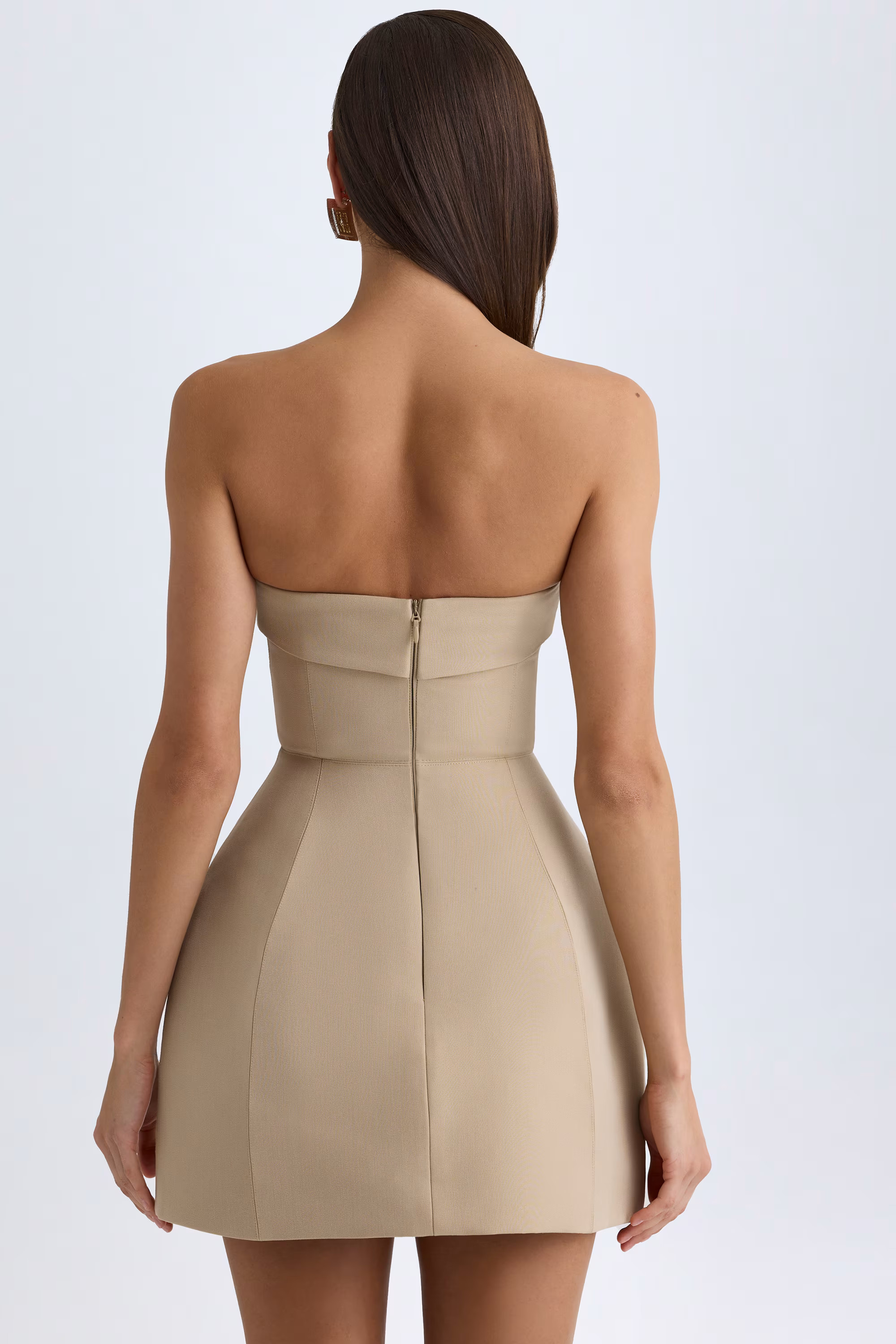 Foldover-Neck Structured Tulip Mini Dress in Camel | Oh Polly