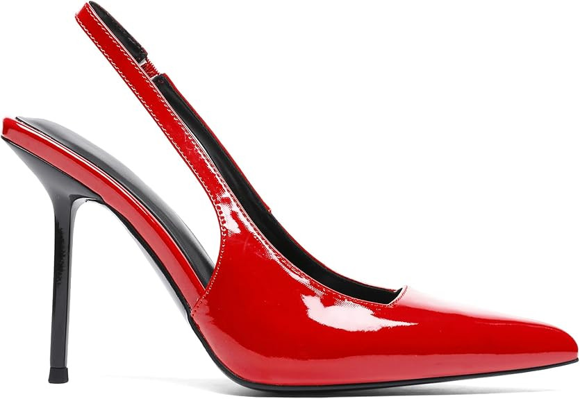 Women's Slingback Stiletto High Heels Pointed Toe Slip On Pumps Shoes Patent Leather Stretch Stra... | Amazon (US)