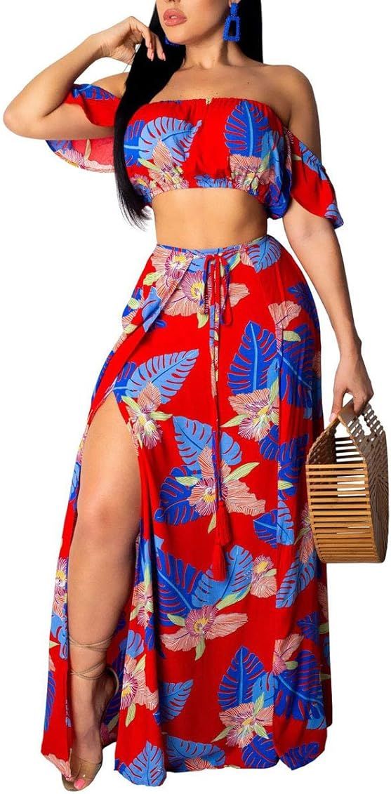 Aro Lora Women's Sexy Off Shoulder Floral Printed Side Slit Two-Piece Maxi Dress | Amazon (US)
