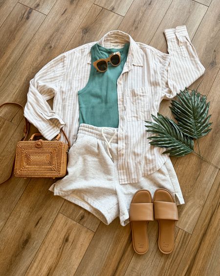 Vacation outfits. Summer outfits. Linen button down shirt. Tank top. Linen shorts. 

#LTKSeasonal #LTKFestival #LTKsalealert