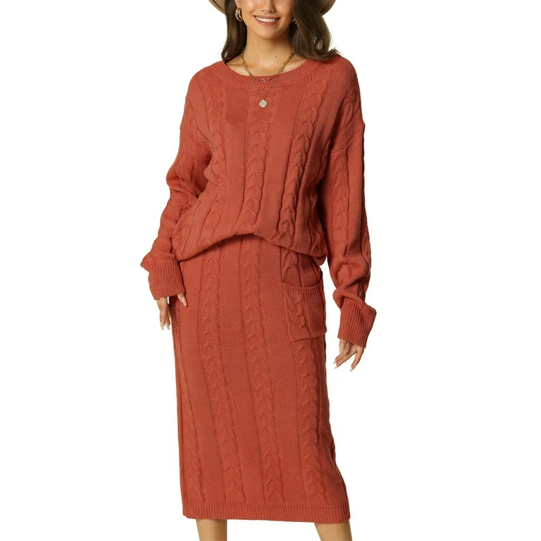 Seta T Womens' Fall Winter Crewneck Sweater Two Piece Outfit Midi Skirts with Pockets Lounge Set | Walmart (US)