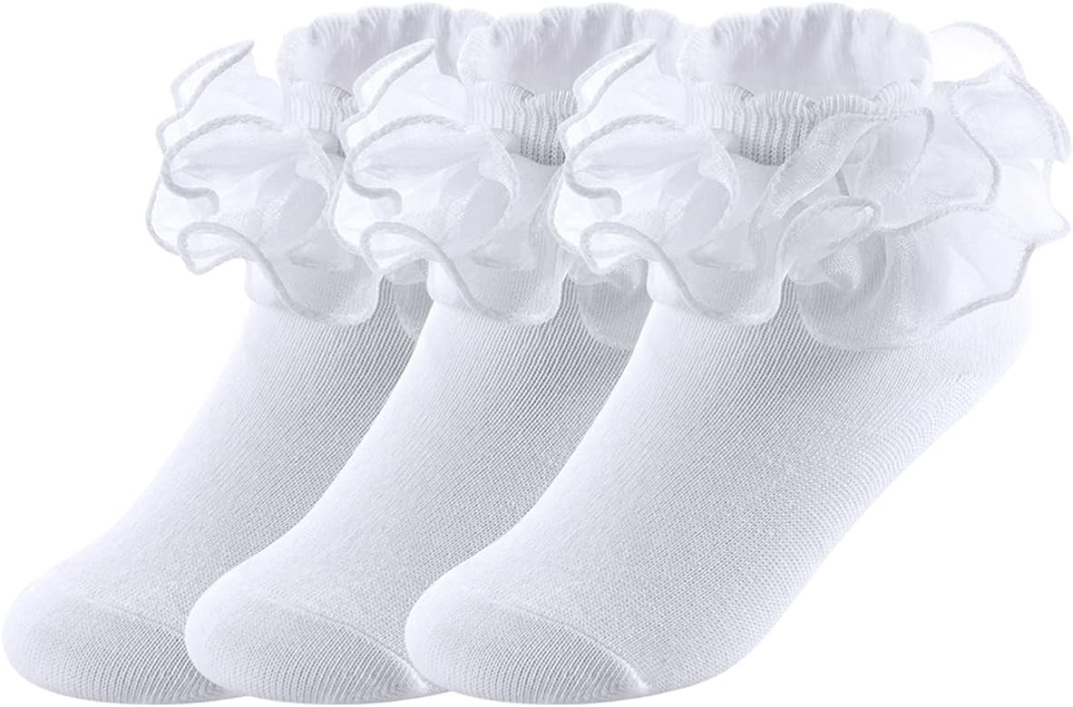 Big Girls Lace Socks Shimmering Organza Ruffle Comfortable Frilly Dress Ankle Socks 3 Pairs | Amazon (US)