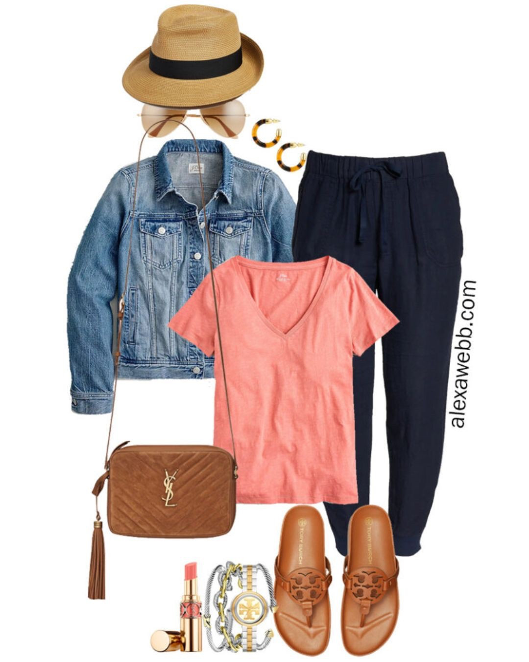 Plus Size Navy Linen Joggers with a straw fedora, coral pink t-shirt, denim jacket, Tory Burch Miller Cloud sandals, and Crossbody Bag - Alexa Webb

#LTKStyleTip #LTKSeasonal #LTKPlusSize