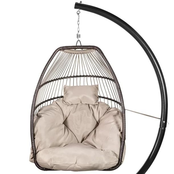 Barton Outdoor Hanging Lounge Egg Style Swing Chair UV Resistant Deep Cushion Seating, Beige - Wa... | Walmart (US)