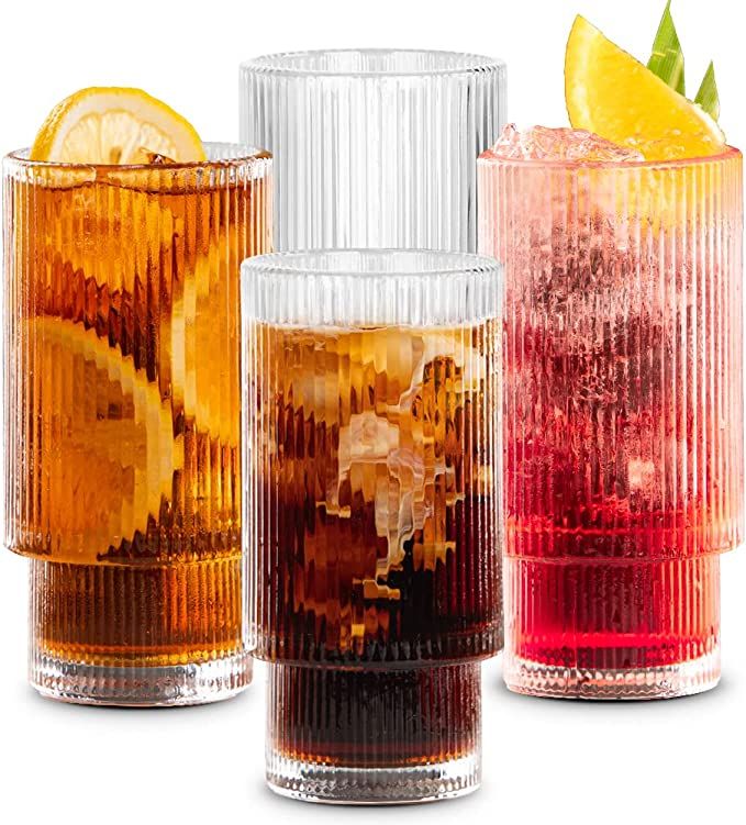 Combler Ribbed Drinking Glasses, Ribbed Glass Cups 11 oz, Ribbed Glassware Set of 4, Vintage Glas... | Amazon (US)