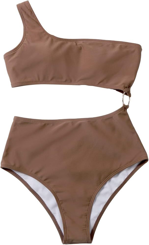 Romwe Women's One Piece Bathing Suit One Shoulder Cutout Ring Monokini Swimsuit Beachwear | Amazon (US)